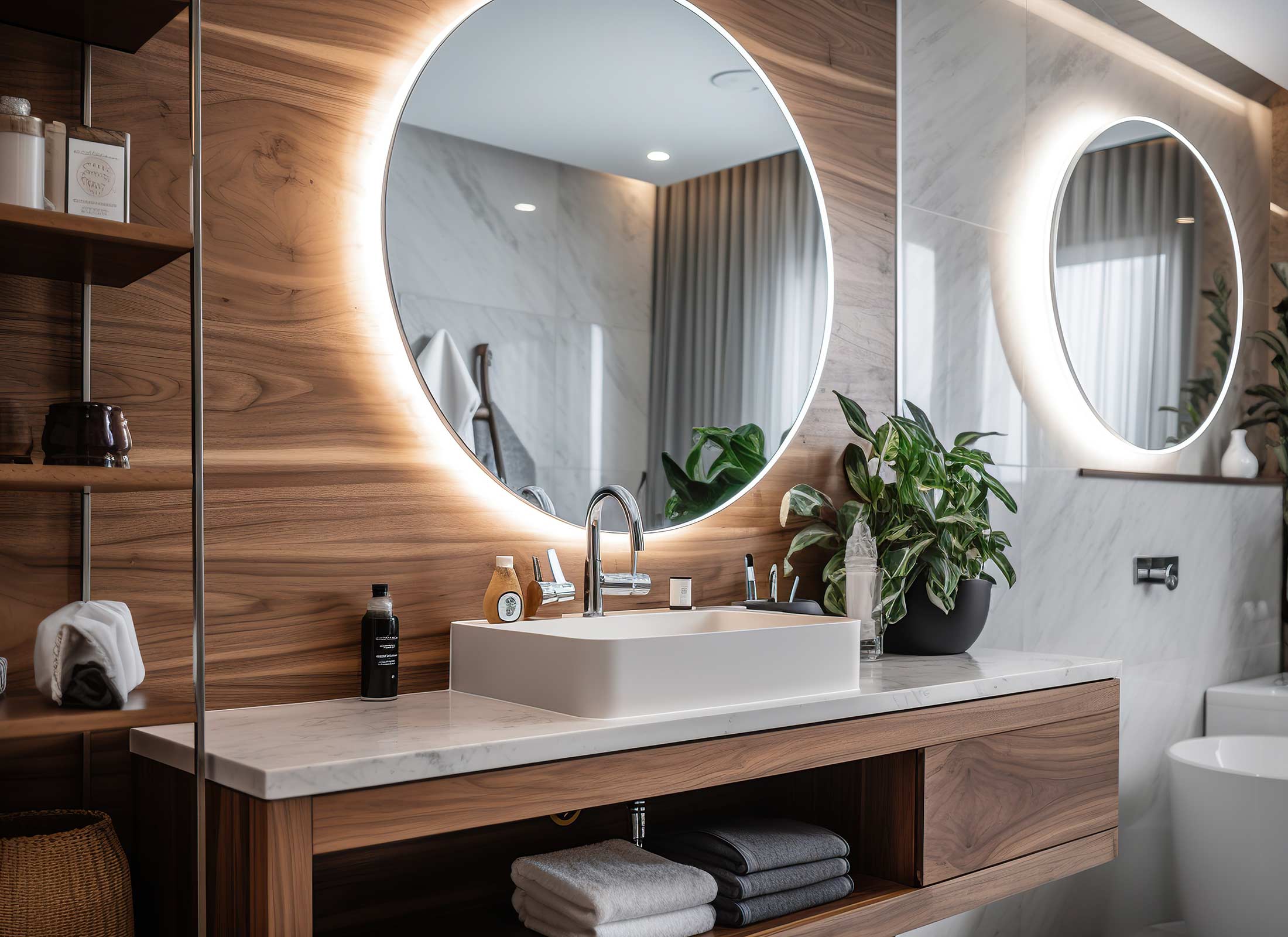 Modern Bathroom Interior with Round Mirror and Vanities