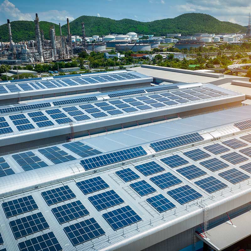 Solar panels lining the top of warehouses