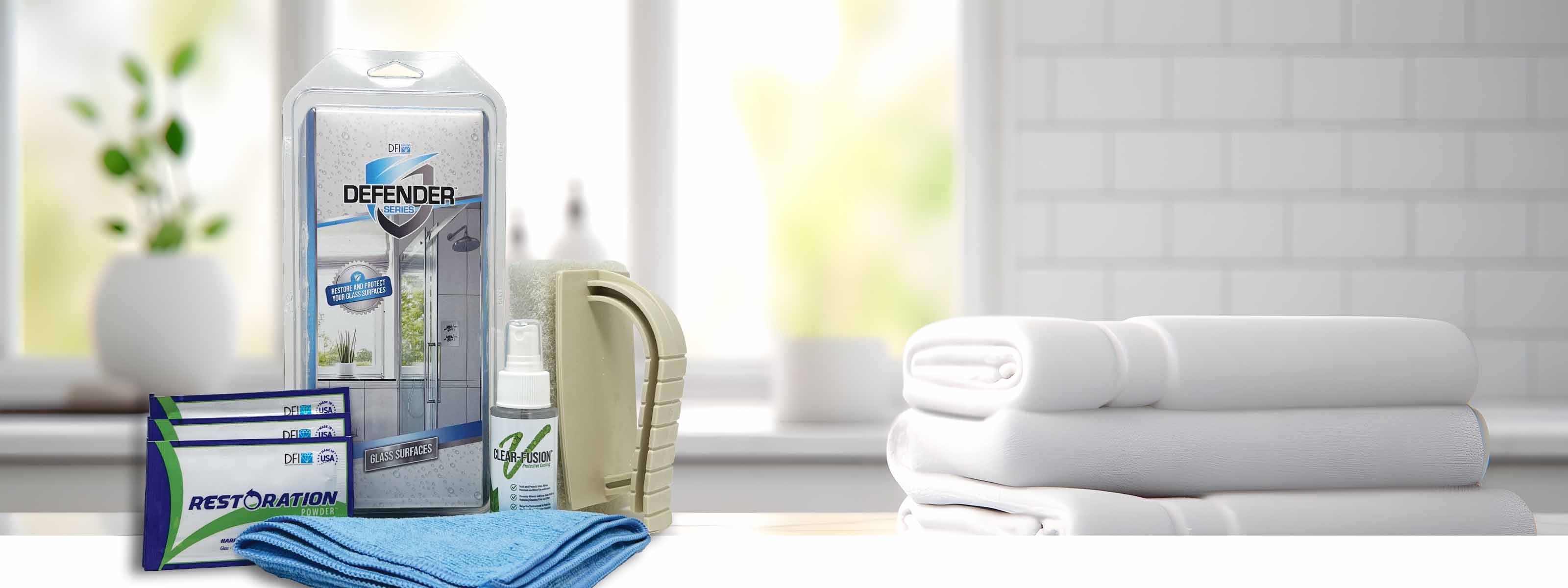 Glass Defender Kit with Products Outside of Package on Bathroom Background