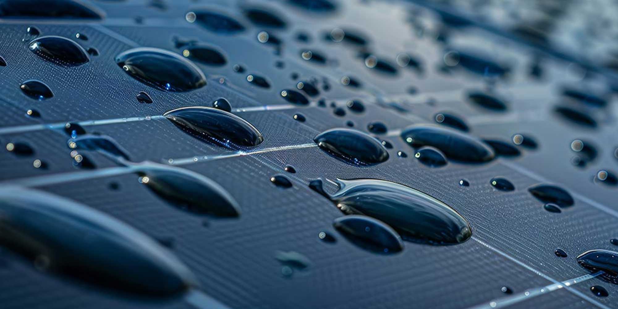 Closeup of water beads on a solar panel