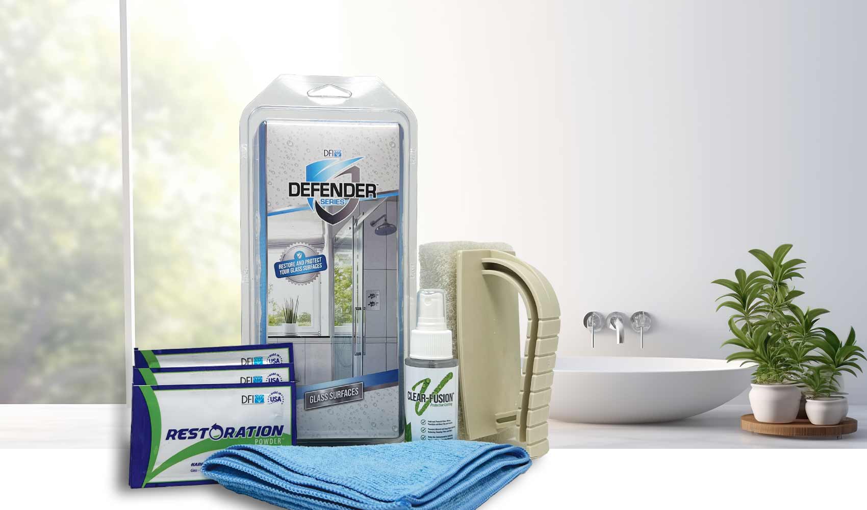 Glass Defender Kit with Products on Bathroom Countertop Background