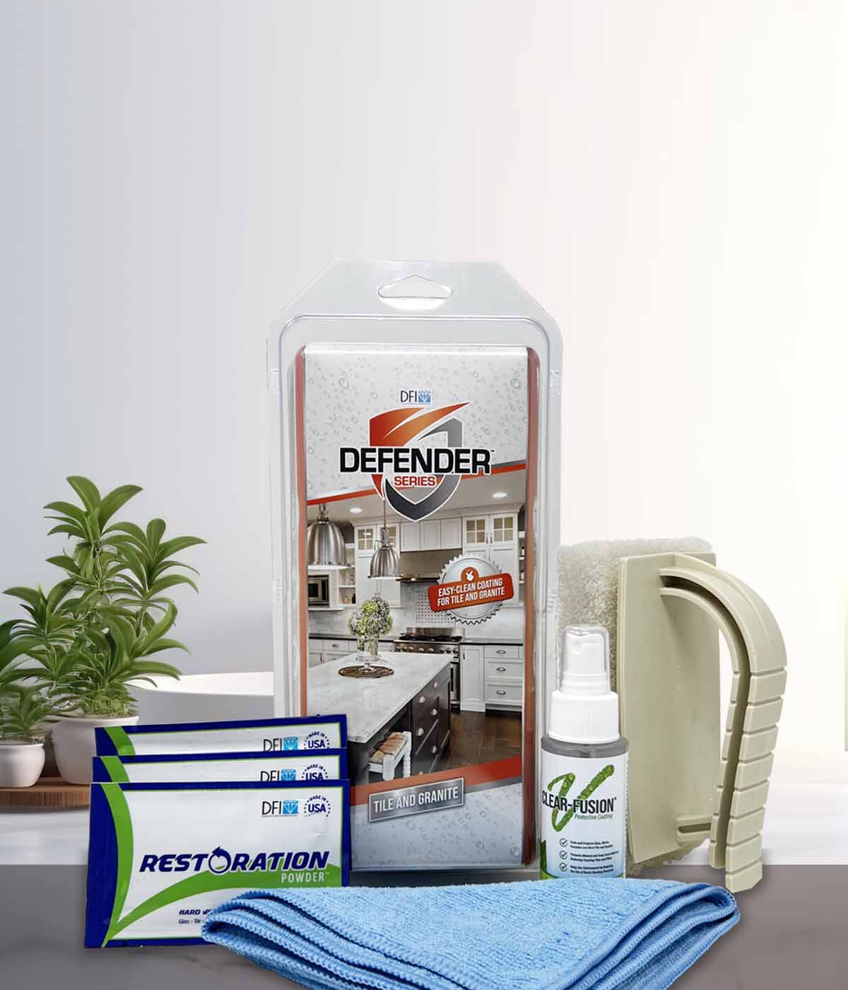 Tile and Granite Defender Kit with Products Outside of Package on Background
