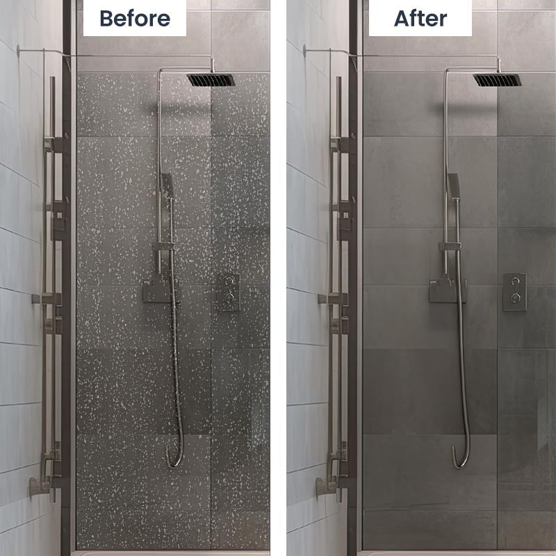 Before and after using Glass Rescue on shower glass