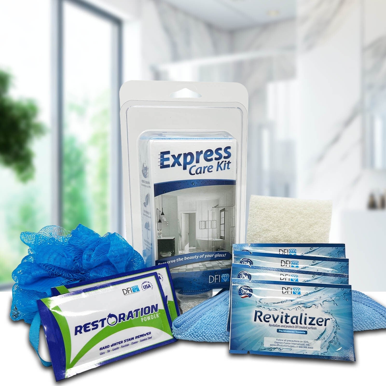Express Care Kit with Products Outside of Packaging on Blurred Bathroom Background