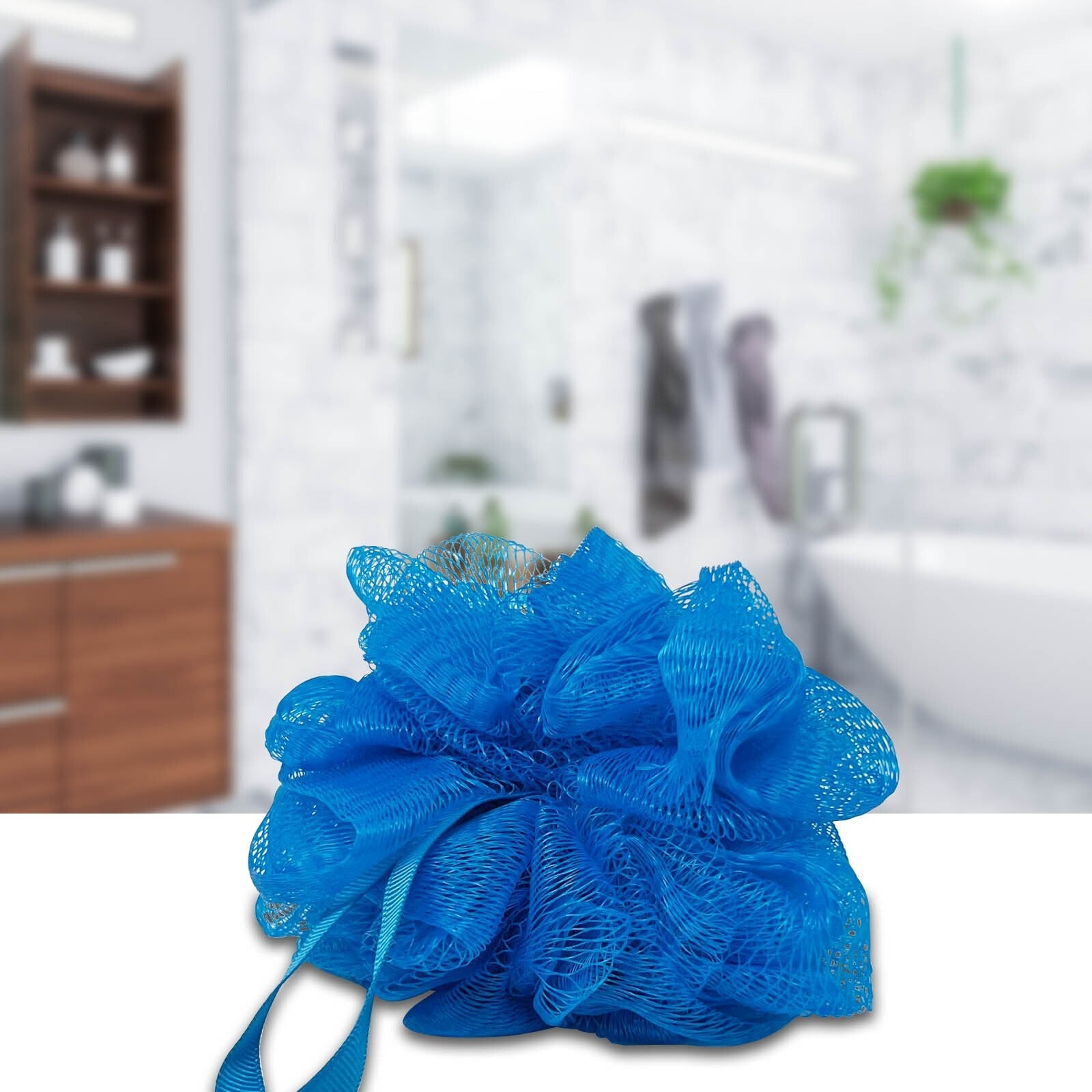 Blue Nylon Cleaning Puff on Blurred Bathroom Background