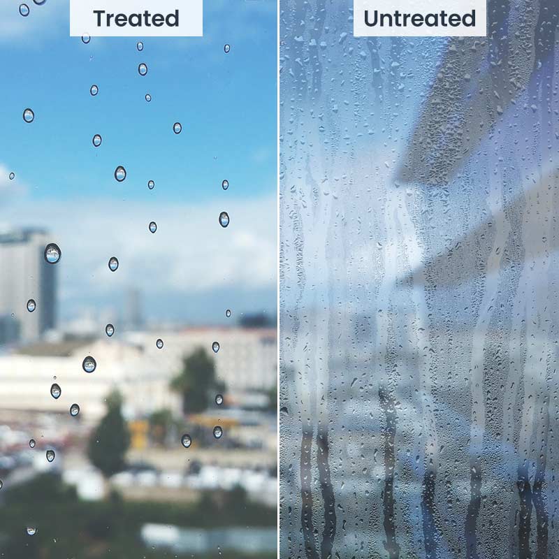 Water Repellent Coating Shown on Office Window Building Treated vs Untreated