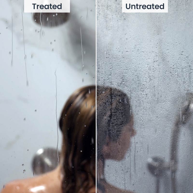 Water Repellent Coating Shown on Shower Glass with Woman Treated vs Untreated