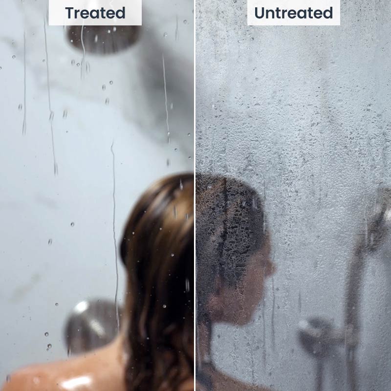 Water Repellent Coating Shown on Shower Glass with Woman Treated vs Untreated 