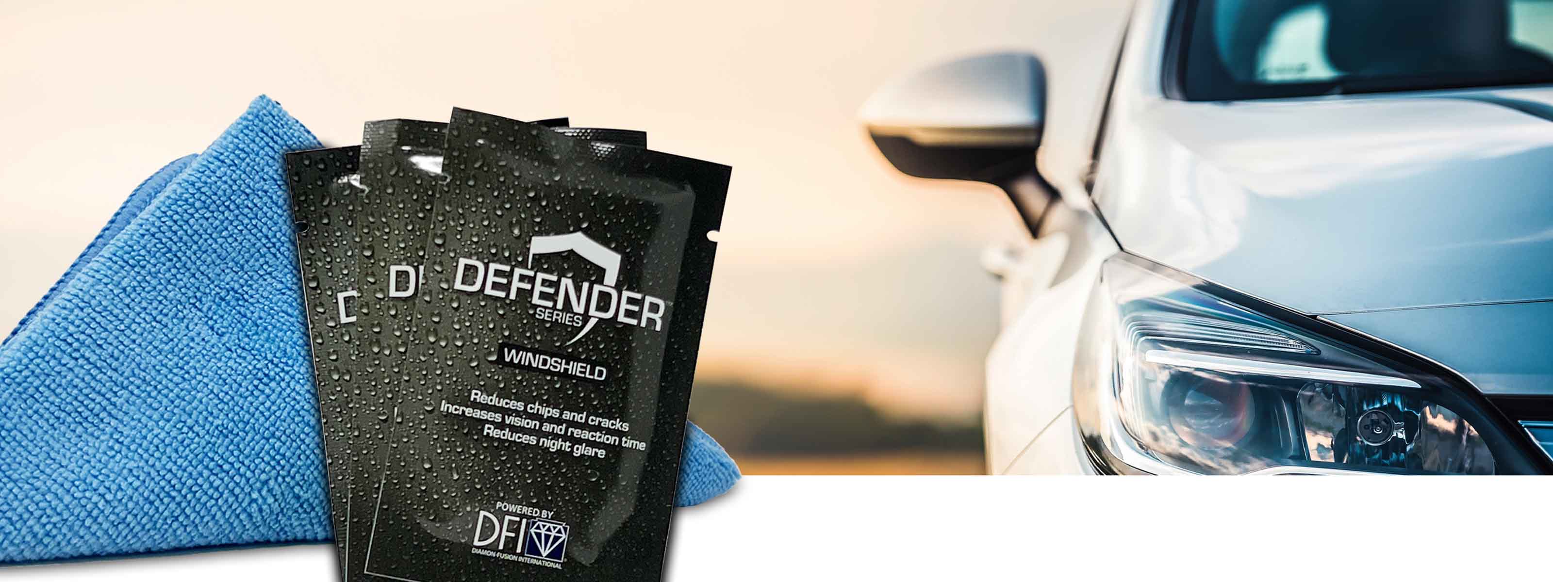 Windshield Defender NanoPax with Blue Microfiber Towel on Background